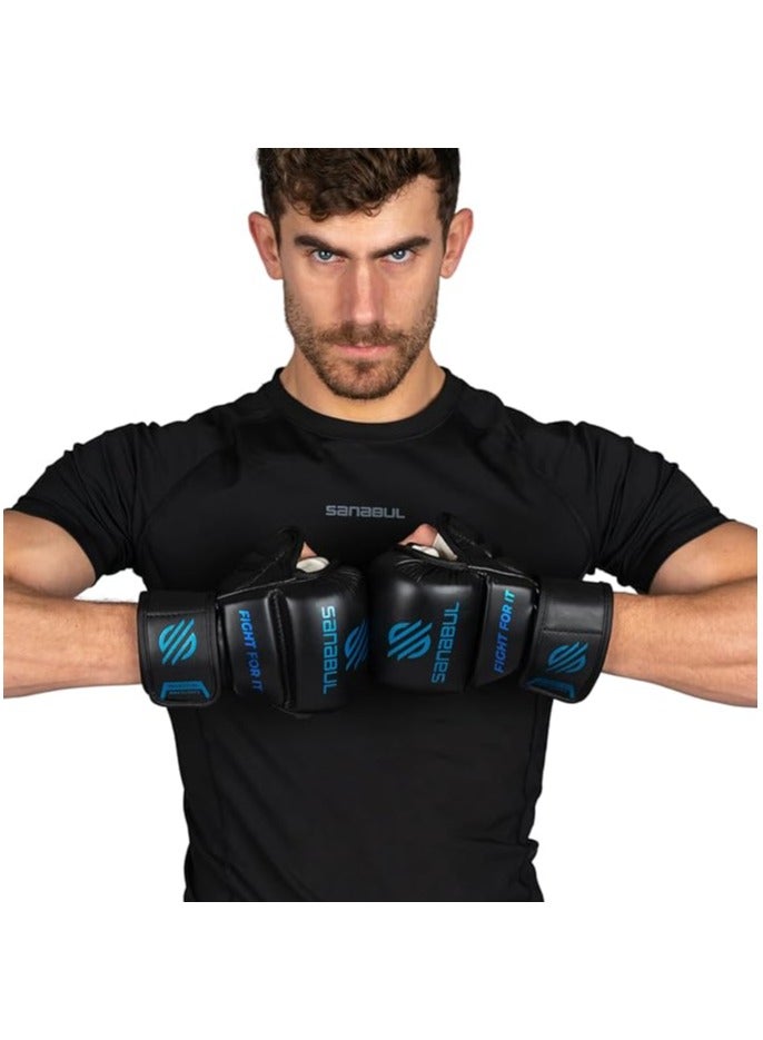 Essential 7 oz MMA Gloves Men & Women | Gloves for Martial Arts Sparring & Training Gloves | Hybrid MMA Kick Boxing Gloves Men | Grappling Gloves (Black/Blue, Small/Medium)