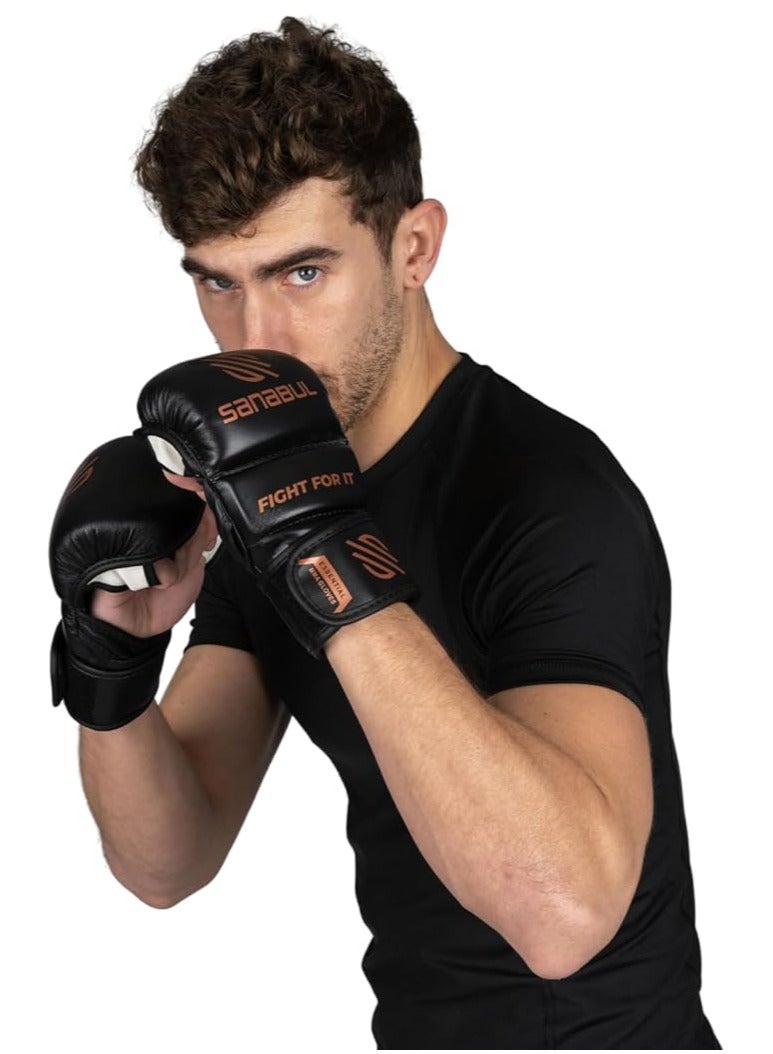 Essential 7 oz MMA Gloves Men & Women | Gloves for Martial Arts Sparring & Training Gloves | Hybrid MMA Kick Boxing Gloves Men | Grappling Gloves (Black/Copper, Small/Medium)