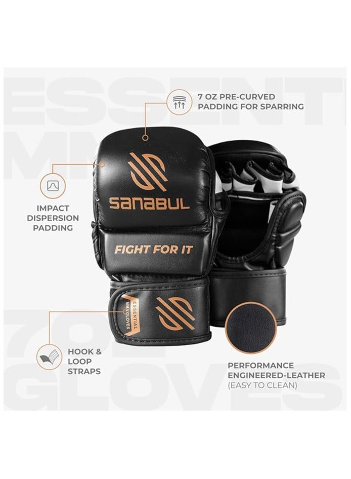 Essential 7 oz MMA Gloves Men & Women | Gloves for Martial Arts Sparring & Training Gloves | Hybrid MMA Kick Boxing Gloves Men | Grappling Gloves (Black/Copper, Small/Medium)