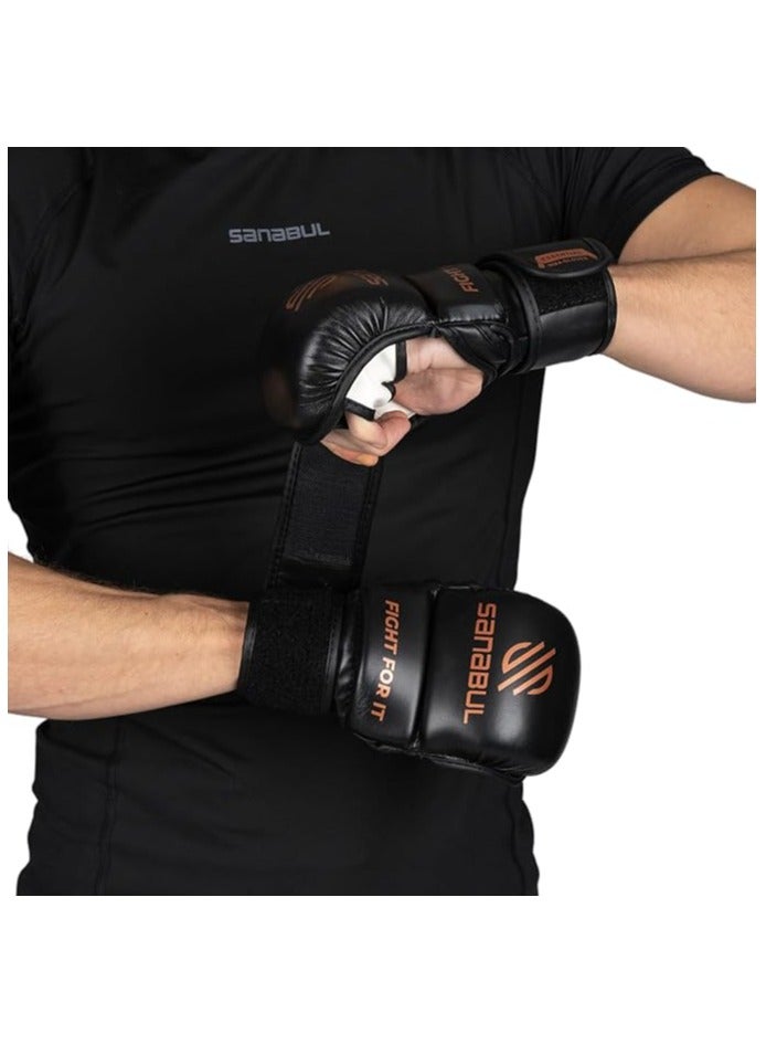 Essential 7 oz MMA Gloves Men & Women | Gloves for Martial Arts Sparring & Training Gloves | Hybrid MMA Kick Boxing Gloves Men | Grappling Gloves (Black/Copper, Small/Medium)