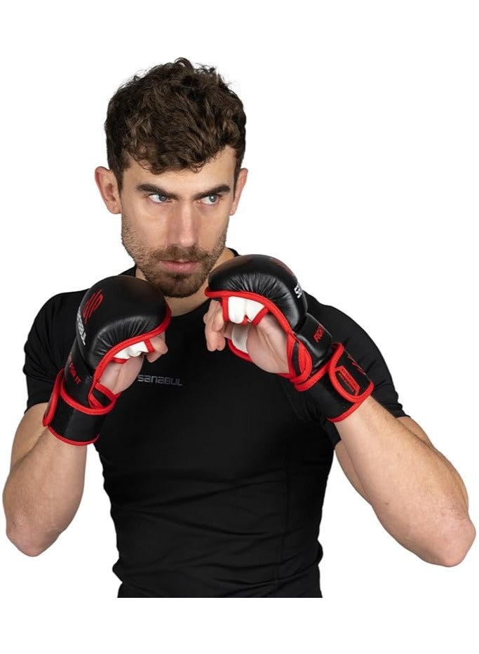 Essential 7 oz MMA Gloves Men & Women | Gloves for Martial Arts Sparring & Training Gloves | Hybrid MMA Kick Boxing Gloves Men | Grappling Gloves (Black/Red, Large/X-Large)