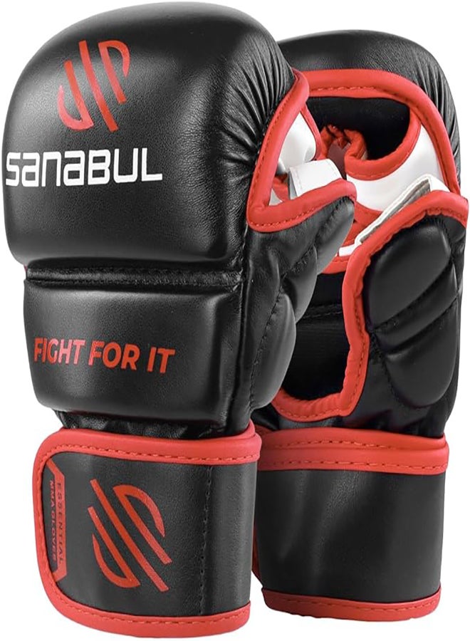 Essential 7 oz MMA Gloves Men & Women | Gloves for Martial Arts Sparring & Training Gloves | Hybrid MMA Kick Boxing Gloves Men | Grappling Gloves (Black/Red, Large/X-Large)