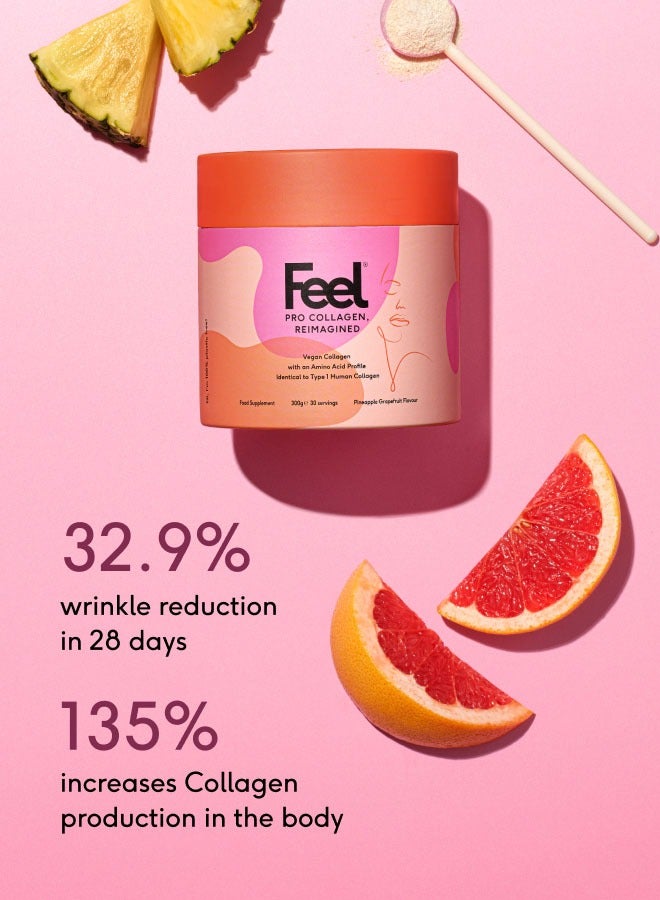 Feel Pro Collagen Powder, Pineapple Grapefruit Flavour – Vegan & Halal – 30-Day Supply (300g) – 10g Per Serving with 3.9g VeCollal® (Vegan Type I Collagen) – Clinically Proven to Reduce Wrinkles by 22.4% in 28 Days – Supports Healthy Hair, Skin, and Nails – Enriched with Vitamin C, Biotin, Gotu Kola, and Ginseng