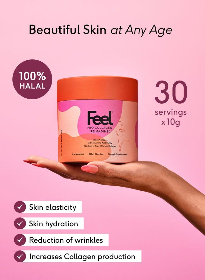 Feel Pro Collagen Powder, Pineapple Grapefruit Flavour – Vegan & Halal – 30-Day Supply (300g) – 10g Per Serving with 3.9g VeCollal® (Vegan Type I Collagen) – Clinically Proven to Reduce Wrinkles by 22.4% in 28 Days – Supports Healthy Hair, Skin, and Nails – Enriched with Vitamin C, Biotin, Gotu Kola, and Ginseng