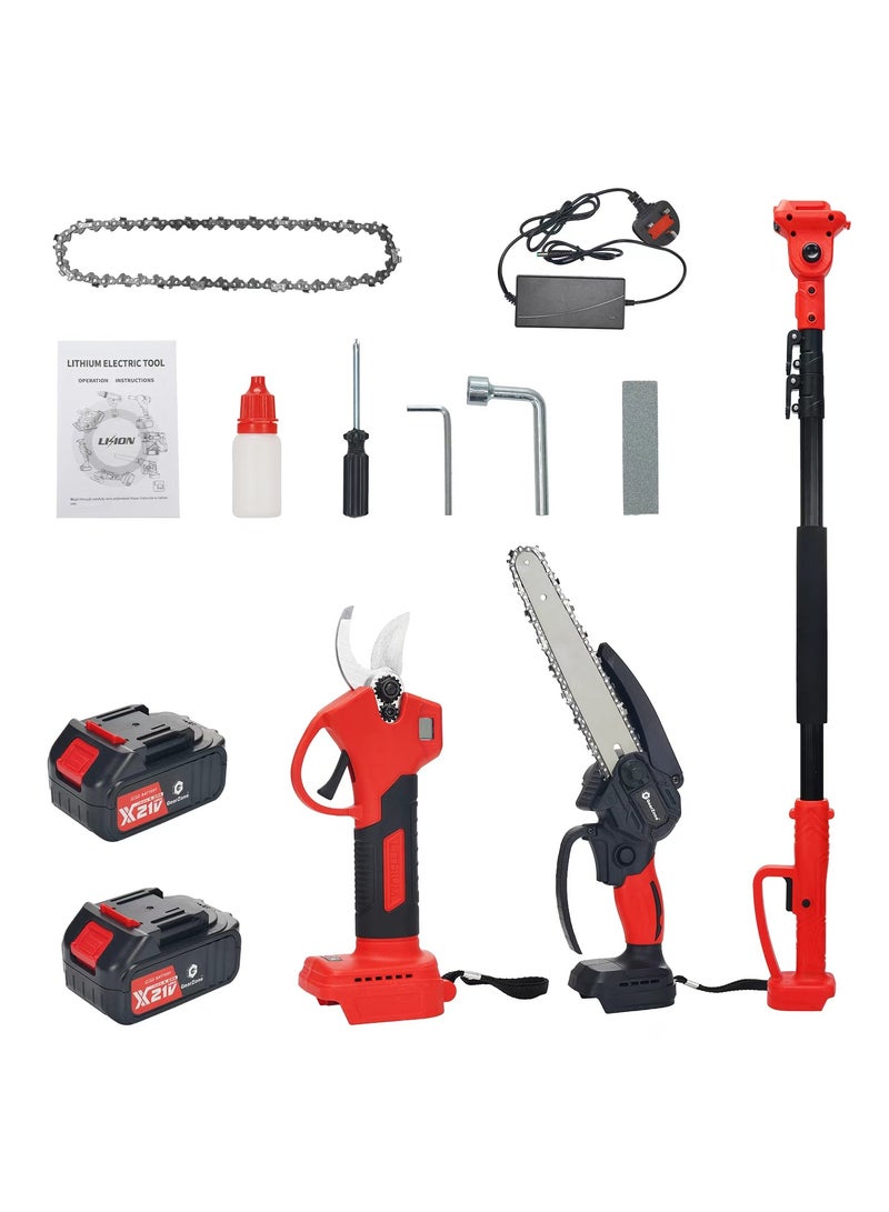 Electric Pruner Kit, 3 in 1 with 2 Pcs 4.0Ah Batteries, 8 inch Cordless Chainsaw & Electric Pruning Shears with Max 6.3 ft Extension Pole, SK5 Blades, Garden Power Tools for Tree Branches, Courtyard, Household