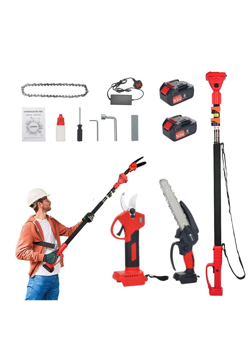 Electric Pruner Kit, 3 in 1 with 2 Pcs 4.0Ah Batteries, 8 inch Cordless Chainsaw & Electric Pruning Shears with Max 6.3 ft Extension Pole, SK5 Blades, Garden Power Tools for Tree Branches, Courtyard, Household