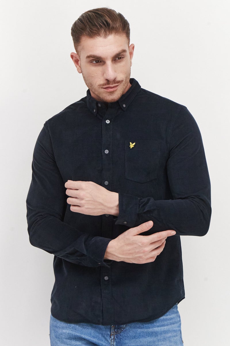 Men Regular Fit Solid Long Sleeve Corduroy Casual Shirt, Navy Blue