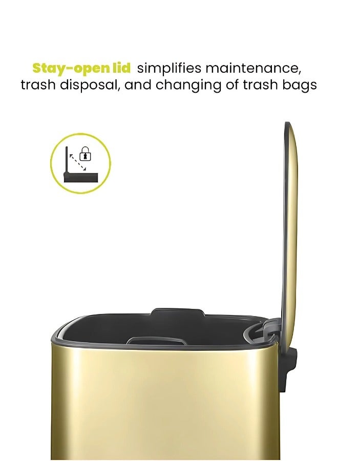 REGENT SERIES | Brushed Stainless Steel Finish | Soft-Closing | Fingerprint-Resistant | Pedal Trash & Garbage Bin, Champagne Gold, 12 Liters