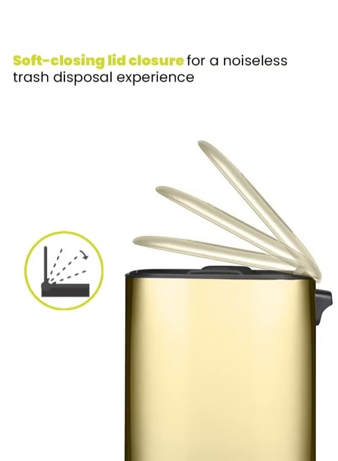 REGENT SERIES | Brushed Stainless Steel Finish | Soft-Closing | Fingerprint-Resistant | Pedal Trash & Garbage Bin, Champagne Gold, 12 Liters