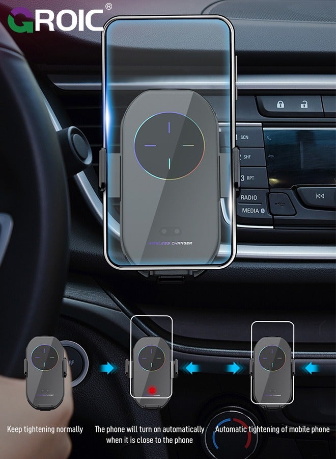 Wireless Car Charger Phone Mount, auto Clamping arms, Holder 15W, for I phone15,14,13,12,Galaxy s23,22,21,20 with Magnetic Port Chargers, Safe air Vent Connection, Compatible with Thick Cases