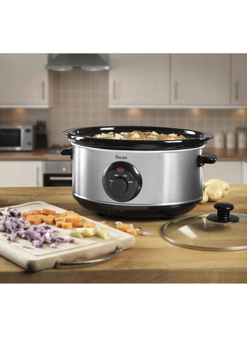 Swan 3.5 Litre Oval Stainless Steel Slow Cooker with 3 Cooking Settings, 200W, Silver