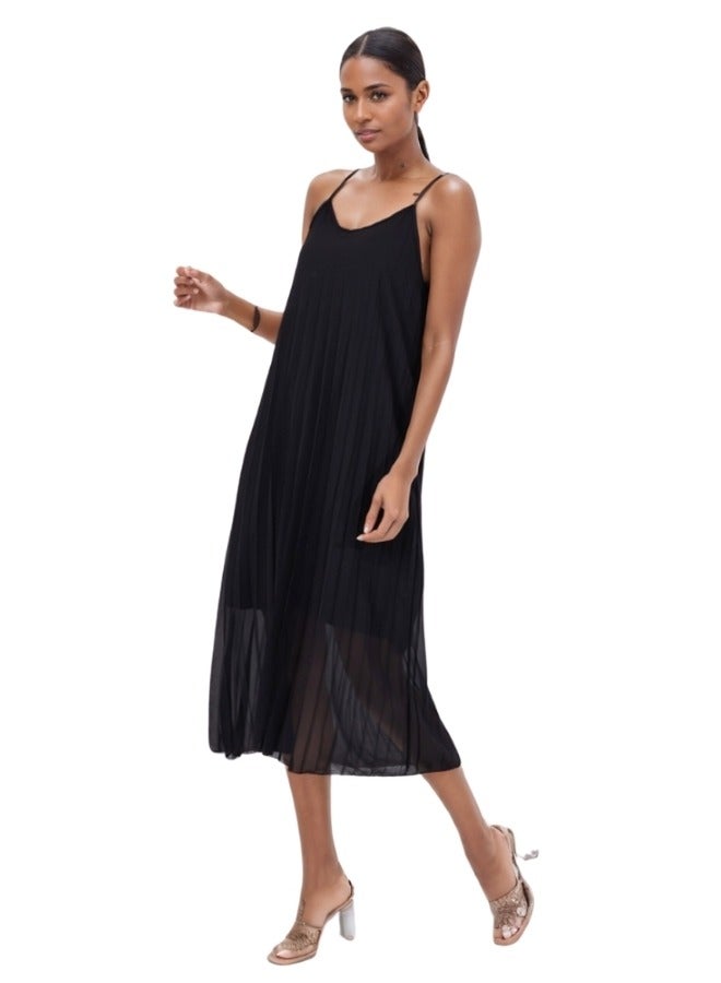 Spaghetti Strap Pleated Midi Dress - Black