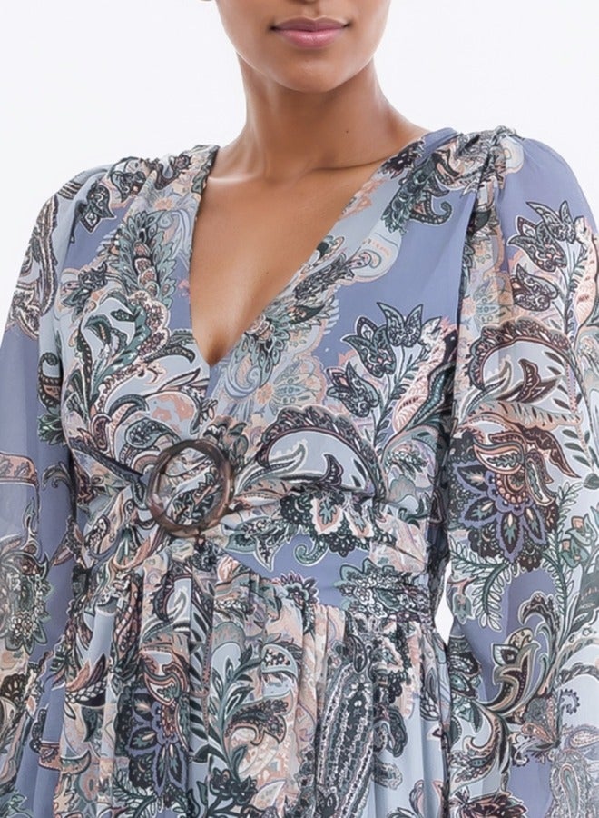 Long Sleeve Boho Paisley Print Maxi Dress with Empire Waist - Blue and Multicolor