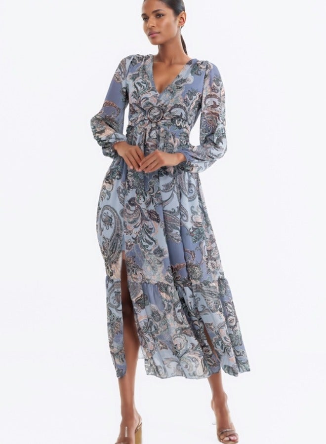 Long Sleeve Boho Paisley Print Maxi Dress with Empire Waist - Blue and Multicolor