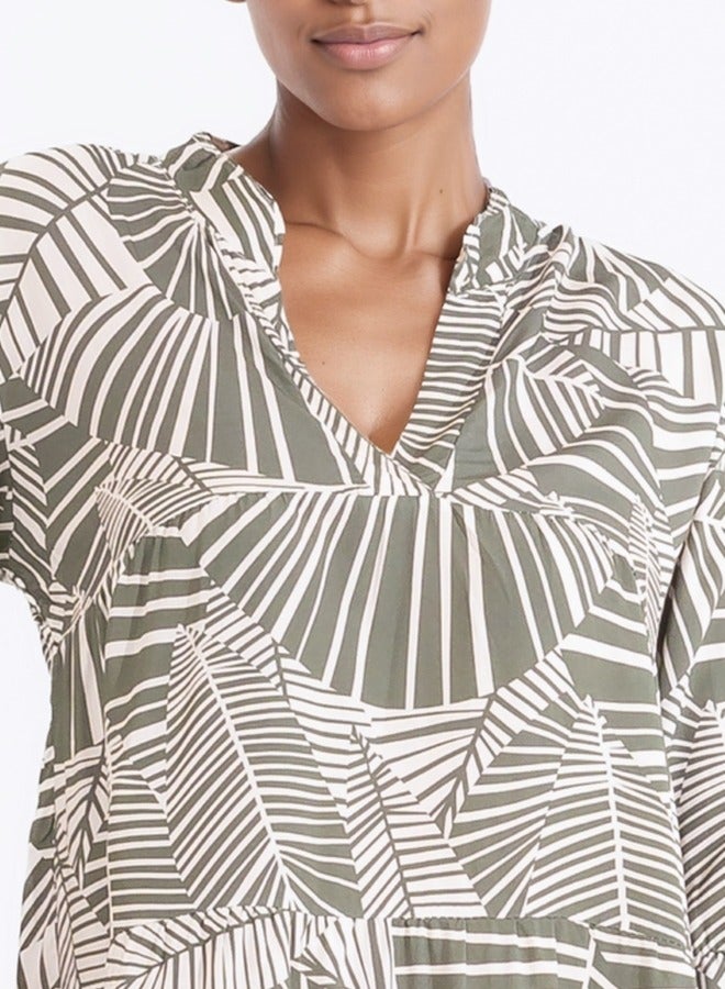 3/4 Sleeve V-Neck Tunic Dress with Abstract Leaf Print