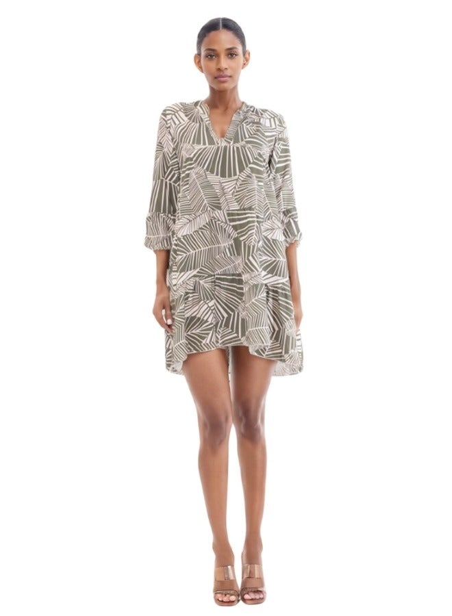3/4 Sleeve V-Neck Tunic Dress with Abstract Leaf Print