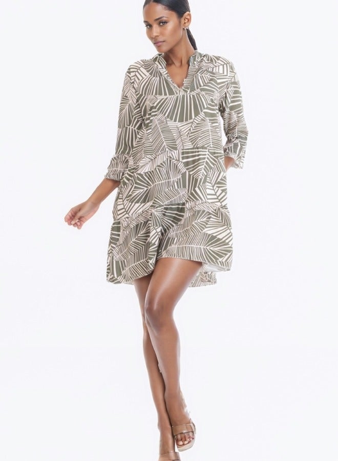 3/4 Sleeve V-Neck Tunic Dress with Abstract Leaf Print