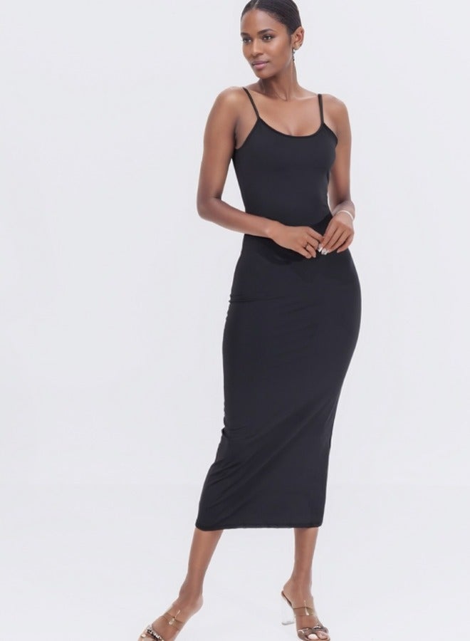 Spaghetti Strap Bodycon Midi Dress - Black