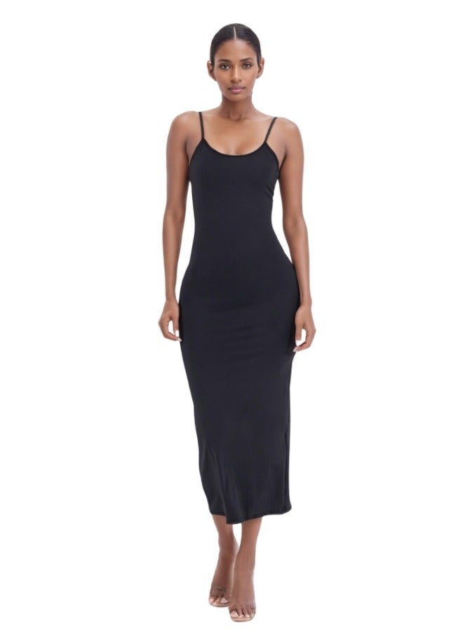 Spaghetti Strap Bodycon Midi Dress - Black