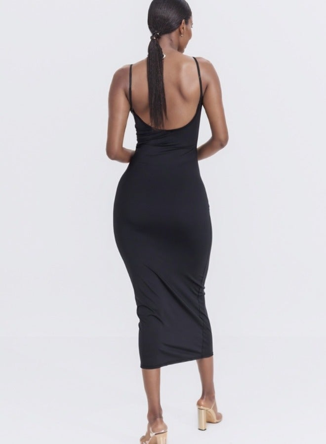Spaghetti Strap Bodycon Midi Dress - Black
