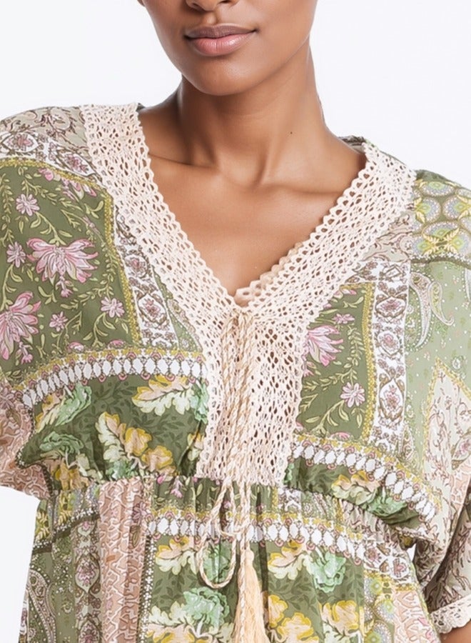 Boho Patchwork Print Short Sleeve Mini Dress with Tassel Tie