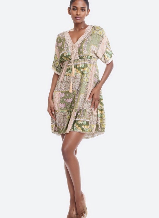 Boho Patchwork Print Short Sleeve Mini Dress with Tassel Tie