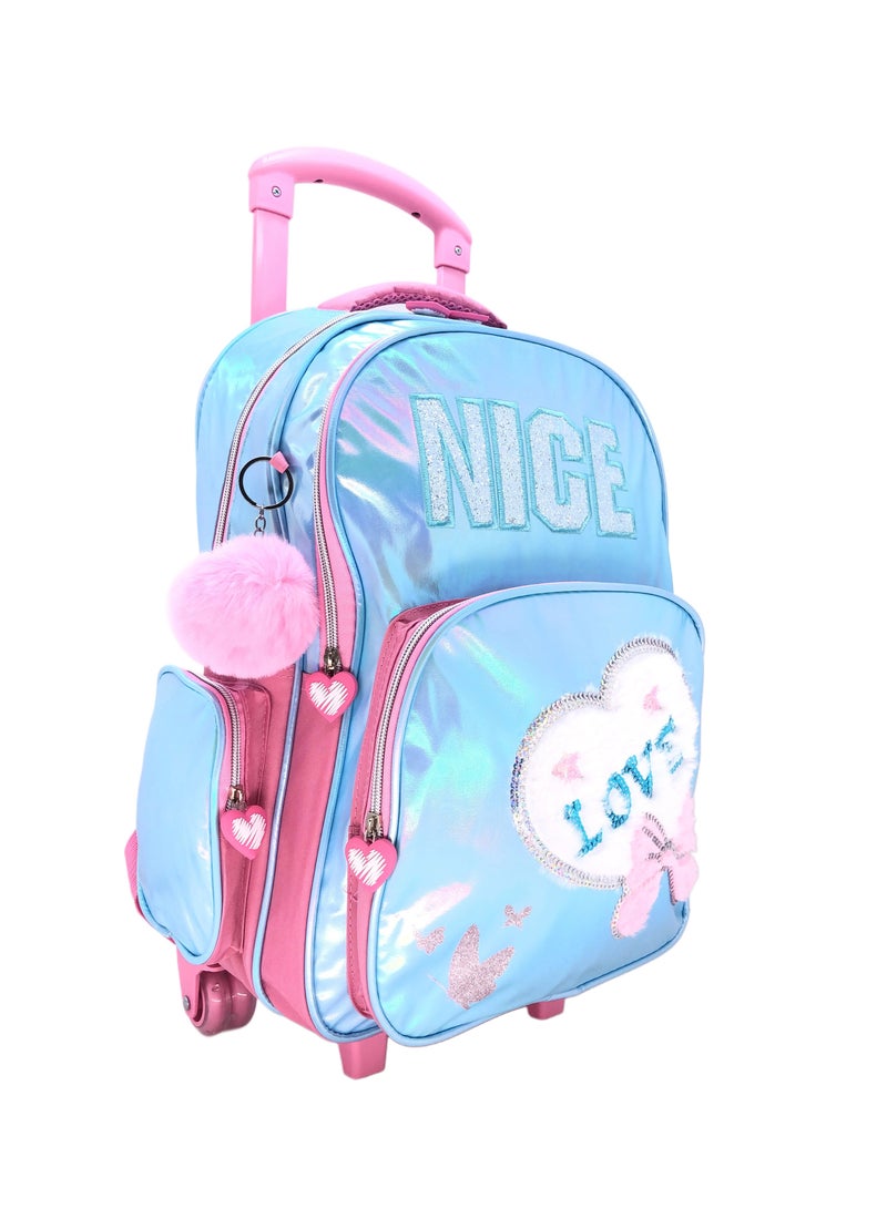 Blue Pink Love Design Rolling Backpack 15 inch Wheeled Kids Backpack with Lunch Bag and Pencil Case for Girls Blue and Pink