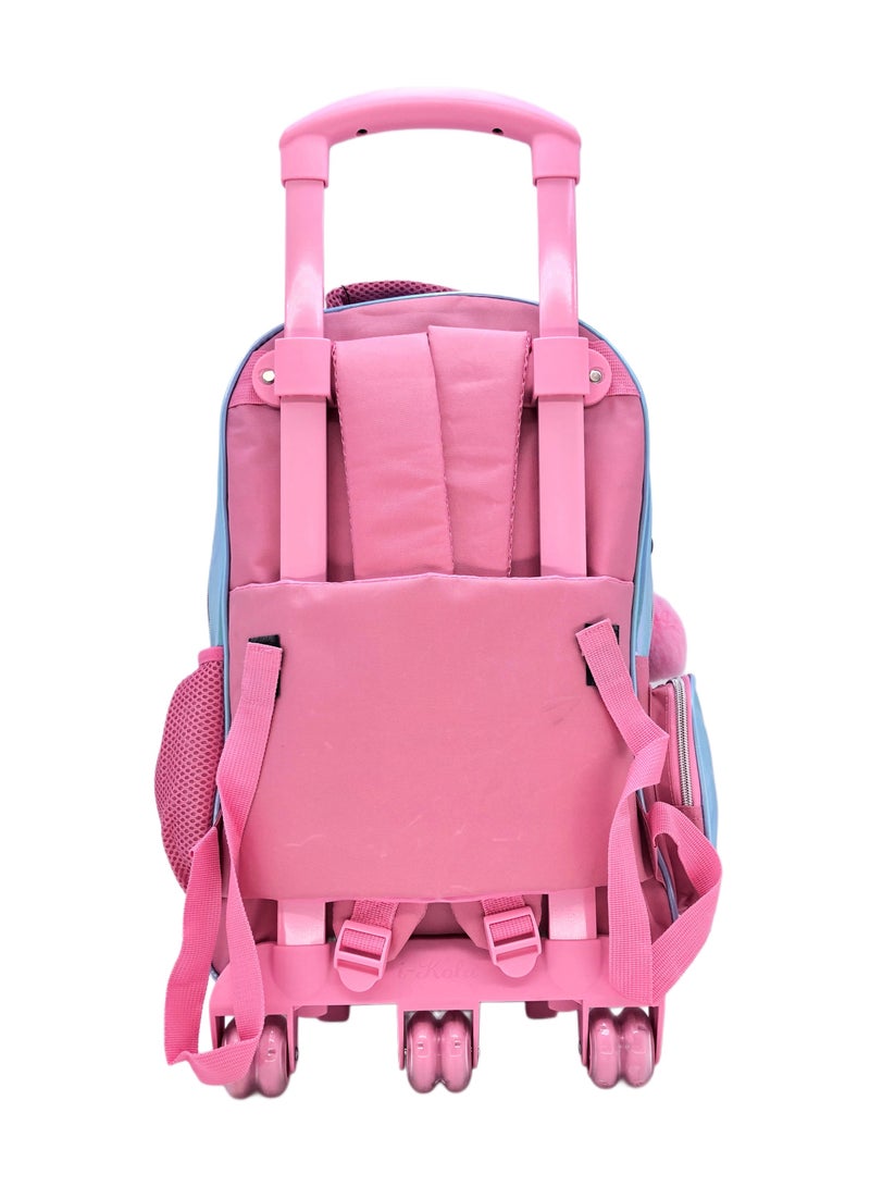 Blue Pink Love Design Rolling Backpack 15 inch Wheeled Kids Backpack with Lunch Bag and Pencil Case for Girls Blue and Pink