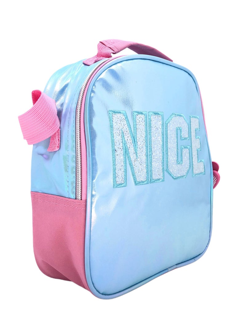 Blue Pink Love Design Rolling Backpack 15 inch Wheeled Kids Backpack with Lunch Bag and Pencil Case for Girls Blue and Pink