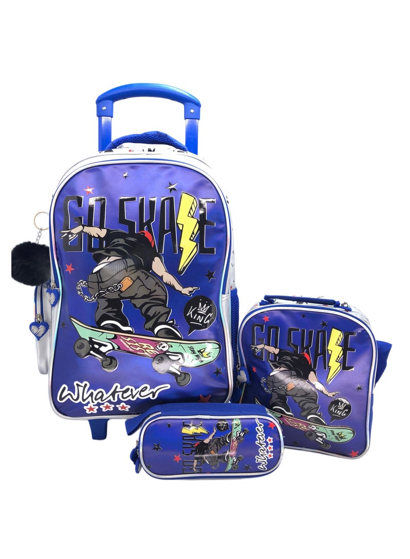 Blue Skate Design Rolling Backpack 15 inch Wheeled Kids Backpack with Lunch Bag and Pencil Case for Boys Blue And Silver