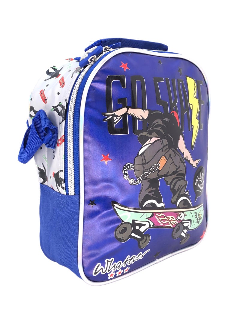 Blue Skate Design Rolling Backpack 15 inch Wheeled Kids Backpack with Lunch Bag and Pencil Case for Boys Blue And Silver