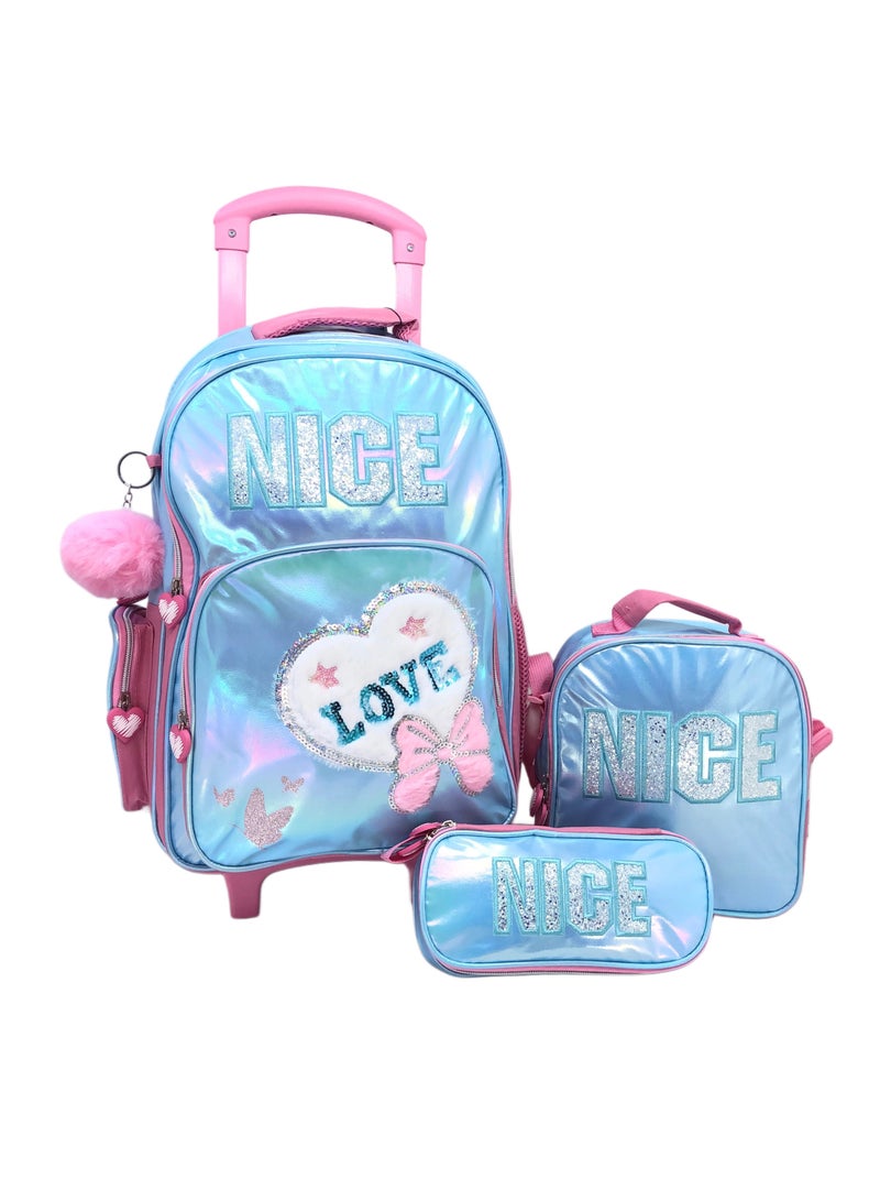 Blue Pink Love Design Rolling Backpack 18 inch Wheeled Kids Backpack with Lunch Bag and Pencil Case for Girls Blue and Pink