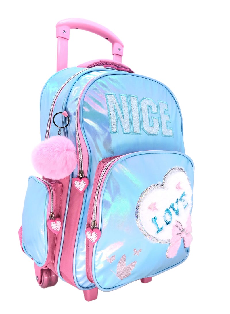 Blue Pink Love Design Rolling Backpack 18 inch Wheeled Kids Backpack with Lunch Bag and Pencil Case for Girls Blue and Pink