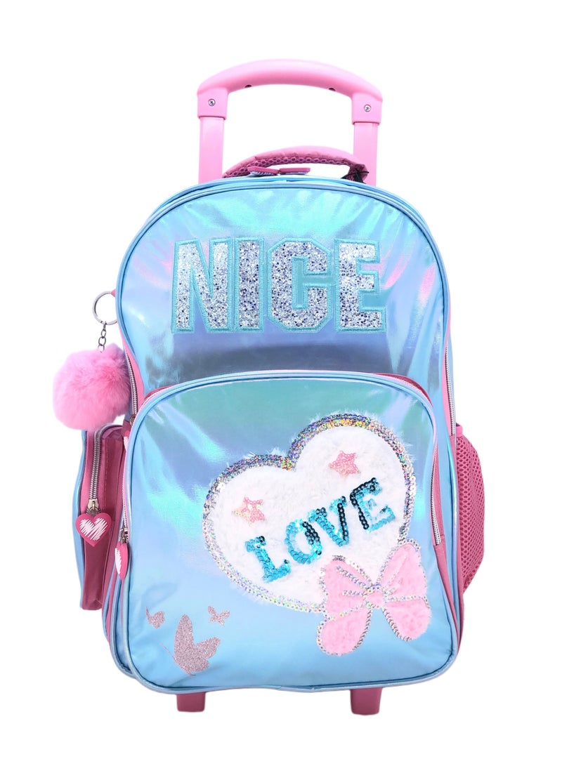 Blue Pink Love Design Rolling Backpack 18 inch Wheeled Kids Backpack with Lunch Bag and Pencil Case for Girls Blue and Pink