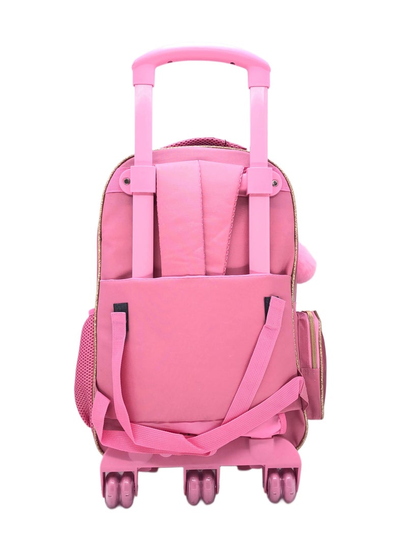 Pink Heart and Butterfly Design Rolling Backpack 15 inch Wheeled Kids Backpack with Lunch Bag and Pencil Case for Girls Blue and Pink