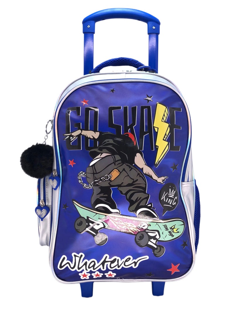 Blue Skate Design Rolling Backpack 18 inch Wheeled Kids Backpack with Lunch Bag and Pencil Case for Boys Blue And Silver