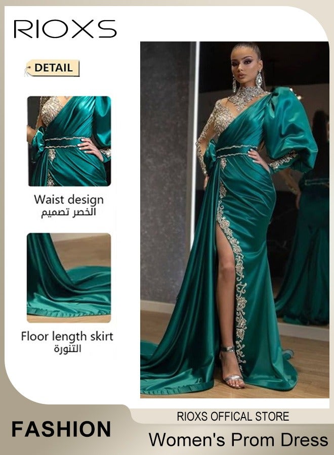 Womens Glitter Stitching Sliming Grown Half High Collar High Split Floor-length Prom Dress with One Puff Sleeve for Fashion Party