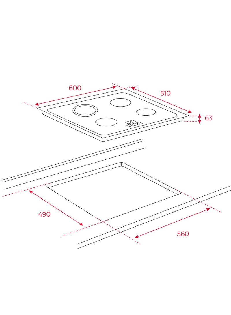 Built-in 60 cm Vitroceramic Hob with Touch Control, 4 Cooking Zones, and 9 Power Levels TZ 6415