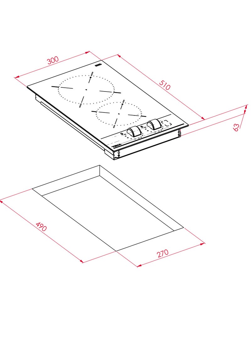 30 cm Modular Vitroceramic Hob with 2 Cooking Zones, Ceramic Glass Surface, and Auto-Lock Safety System TBC 32000 XFL