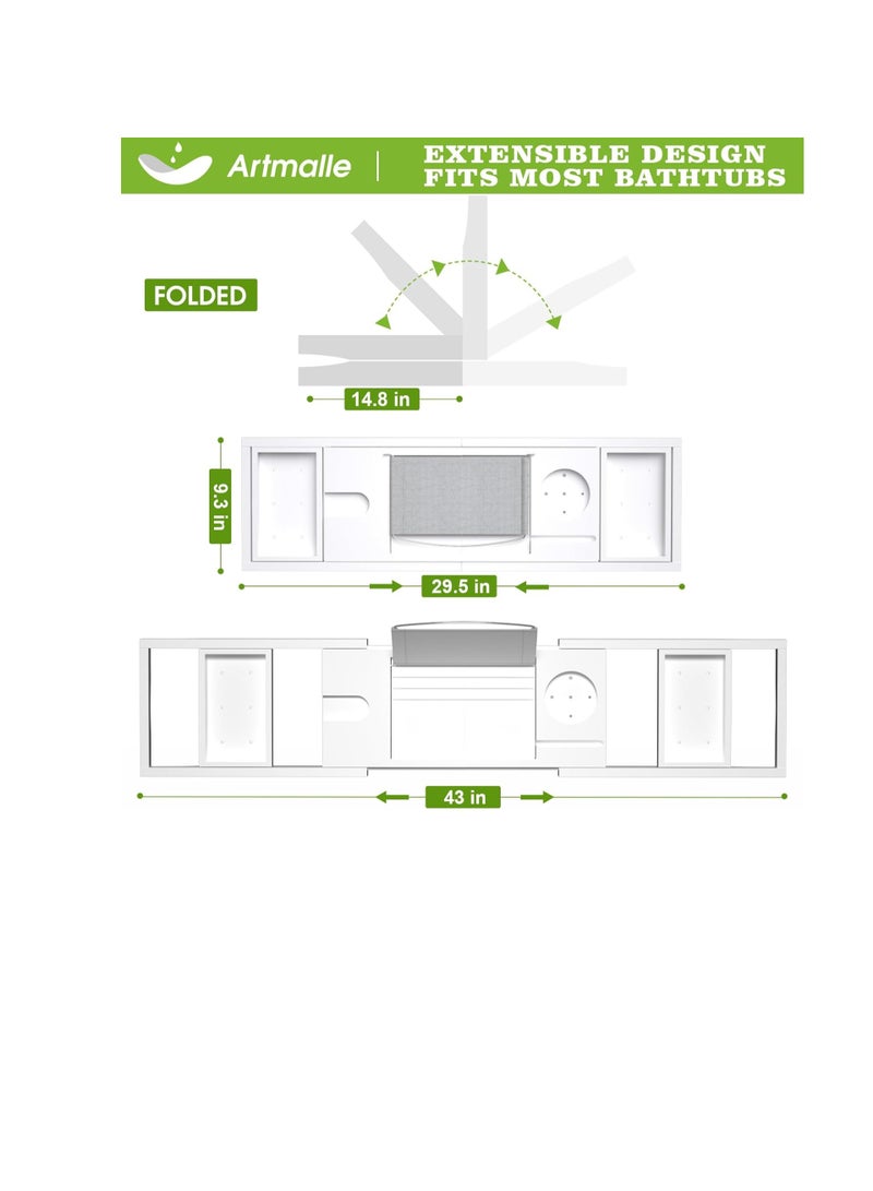 Artmalle Bathtub Caddy Tray - Expandable and Foldable Bath Tray for Tub, Luxury Bamboo Bath Caddy Tub Table, Bathtub Accessories with Book Holder and Free Soap Dish, White