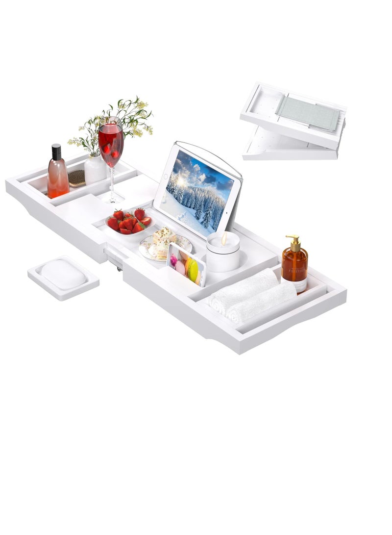 Artmalle Bathtub Caddy Tray - Expandable and Foldable Bath Tray for Tub, Luxury Bamboo Bath Caddy Tub Table, Bathtub Accessories with Book Holder and Free Soap Dish, White