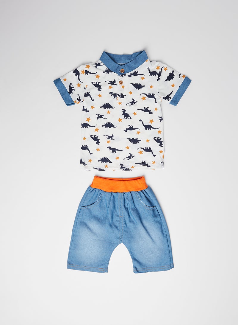 Dino Print Polo with Shorts Set White/Blue