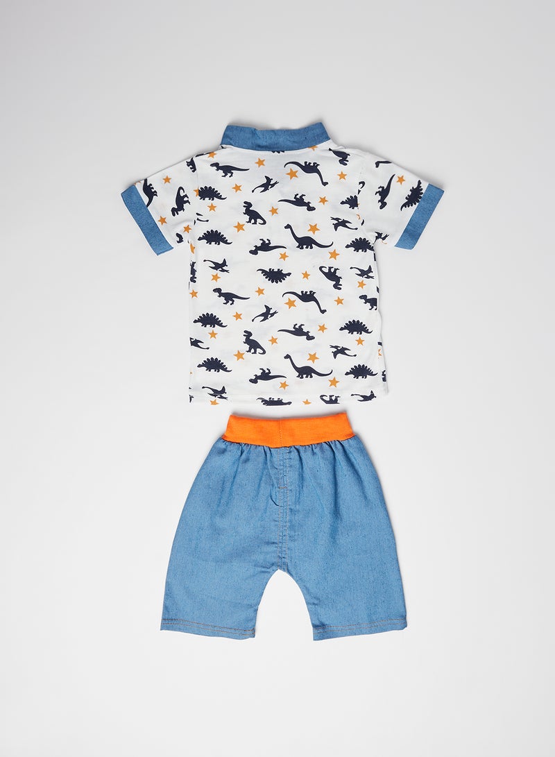 Dino Print Polo with Shorts Set White/Blue