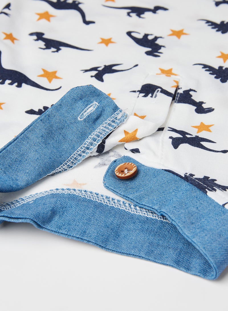 Dino Print Polo with Shorts Set White/Blue