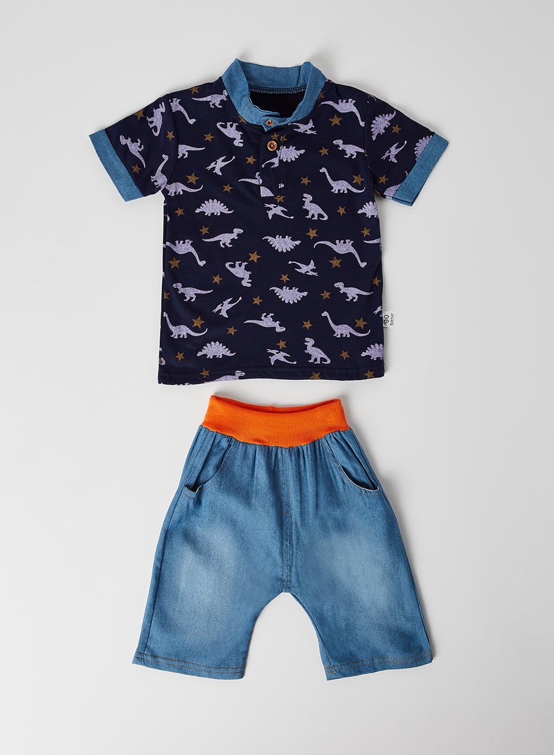 Dino Print Polo T-Shirt with Shorts Set Blue