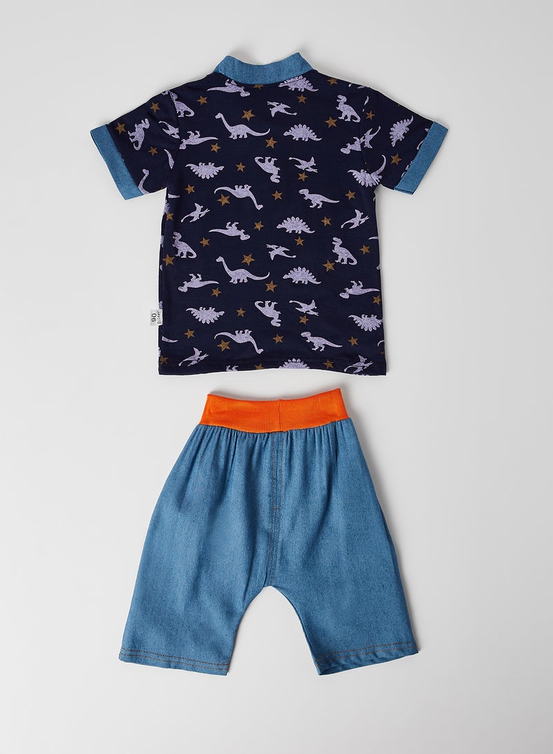 Dino Print Polo T-Shirt with Shorts Set Blue