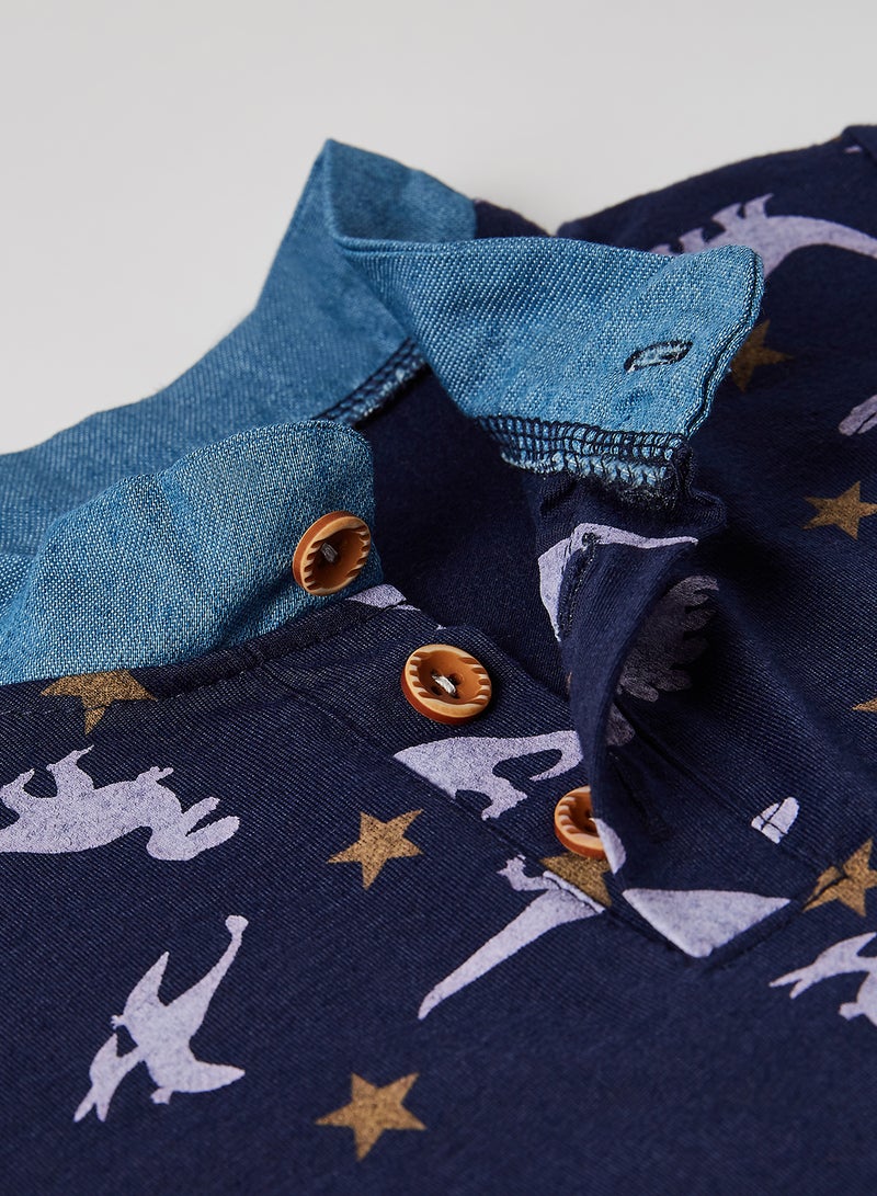 Dino Print Polo T-Shirt with Shorts Set Blue