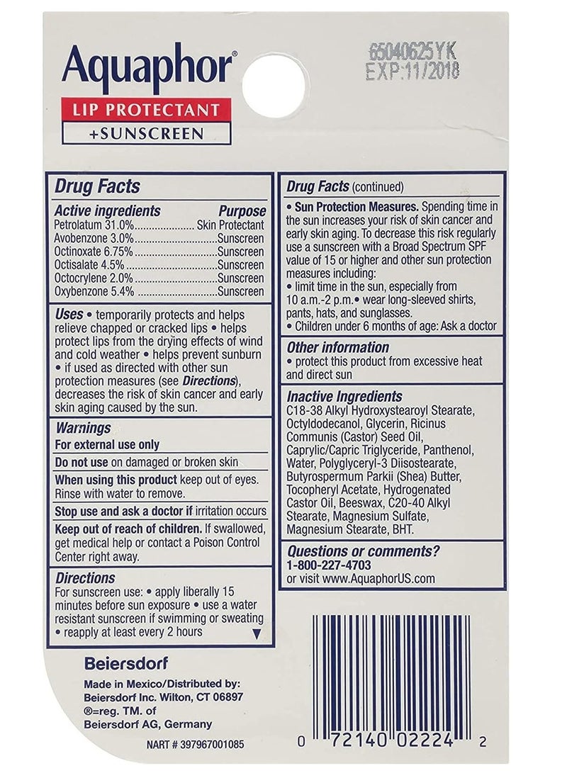 Aquaphor Lip Repair & Protect SPF 30 Tube Blister Card DUAL PACK  - 2 -.35 oz.Tubes