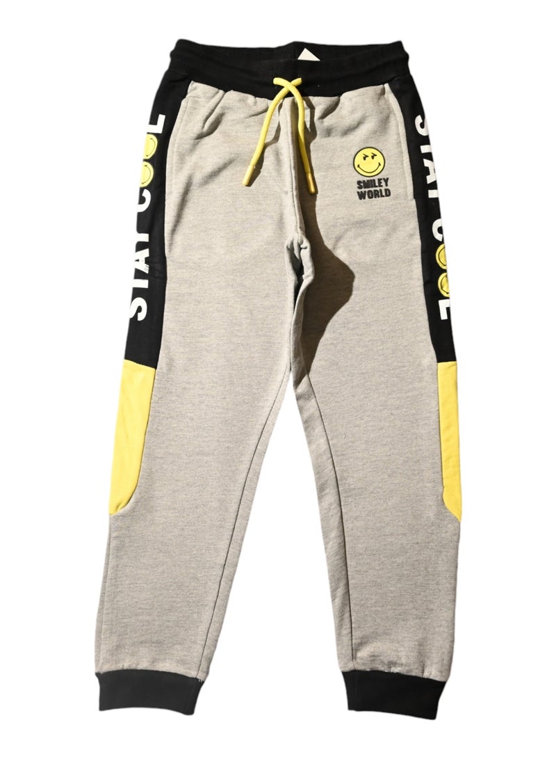 Smiley World Sweatpants, Grey with Black and Yellow Accents, Drawstring Waist