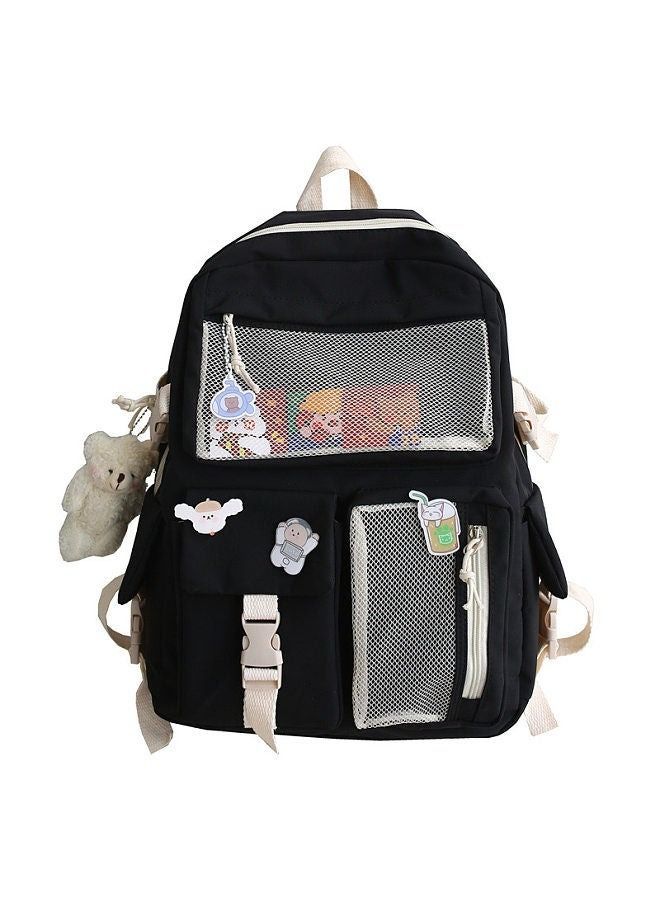 School bag female college student Korean high school student large capacity junior high school student multi-pocket Harajuku ulzzang shoulder bag tide black pendant with badge